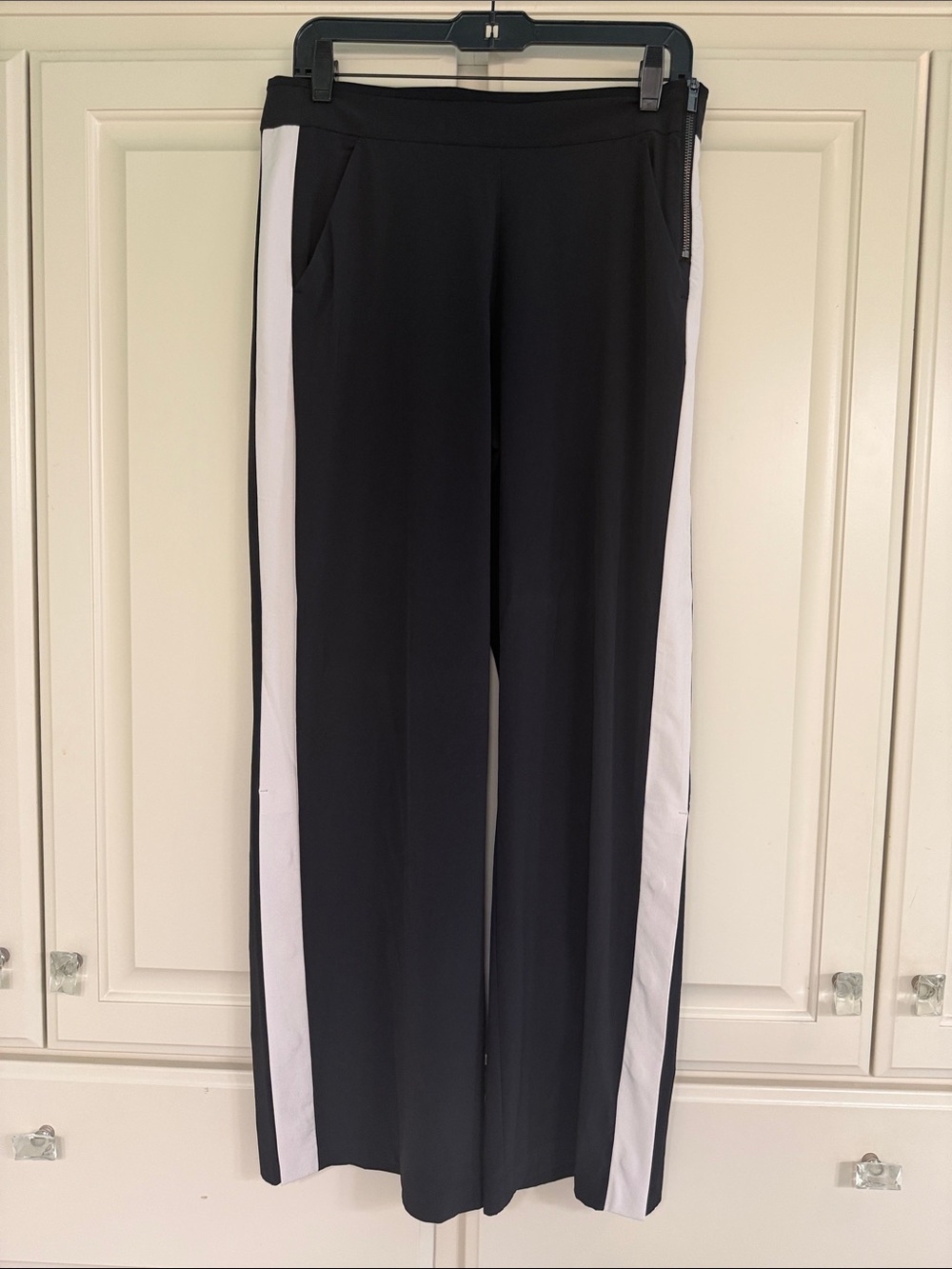 Athleta Black Wide-Leg Track Pants with White Side Panels